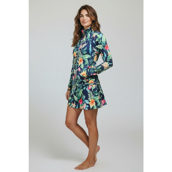 Gottex 2pc Golf Tennis Set Navy Tropical Floral Jacket & Skort XS EUC